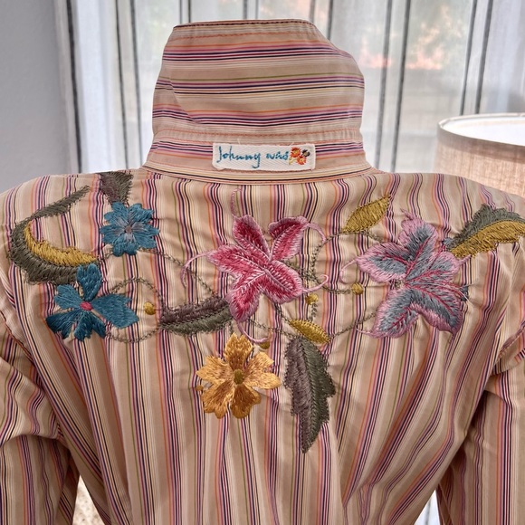 Johnny Was Striped Embroidered Floral Button Up Size M Women's Top Shirt Blouse - Picture 9 of 12